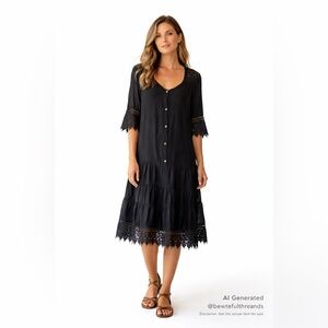 Lara Guidotti Small Black Silk Blend Lace Trim Midi Dress Boho